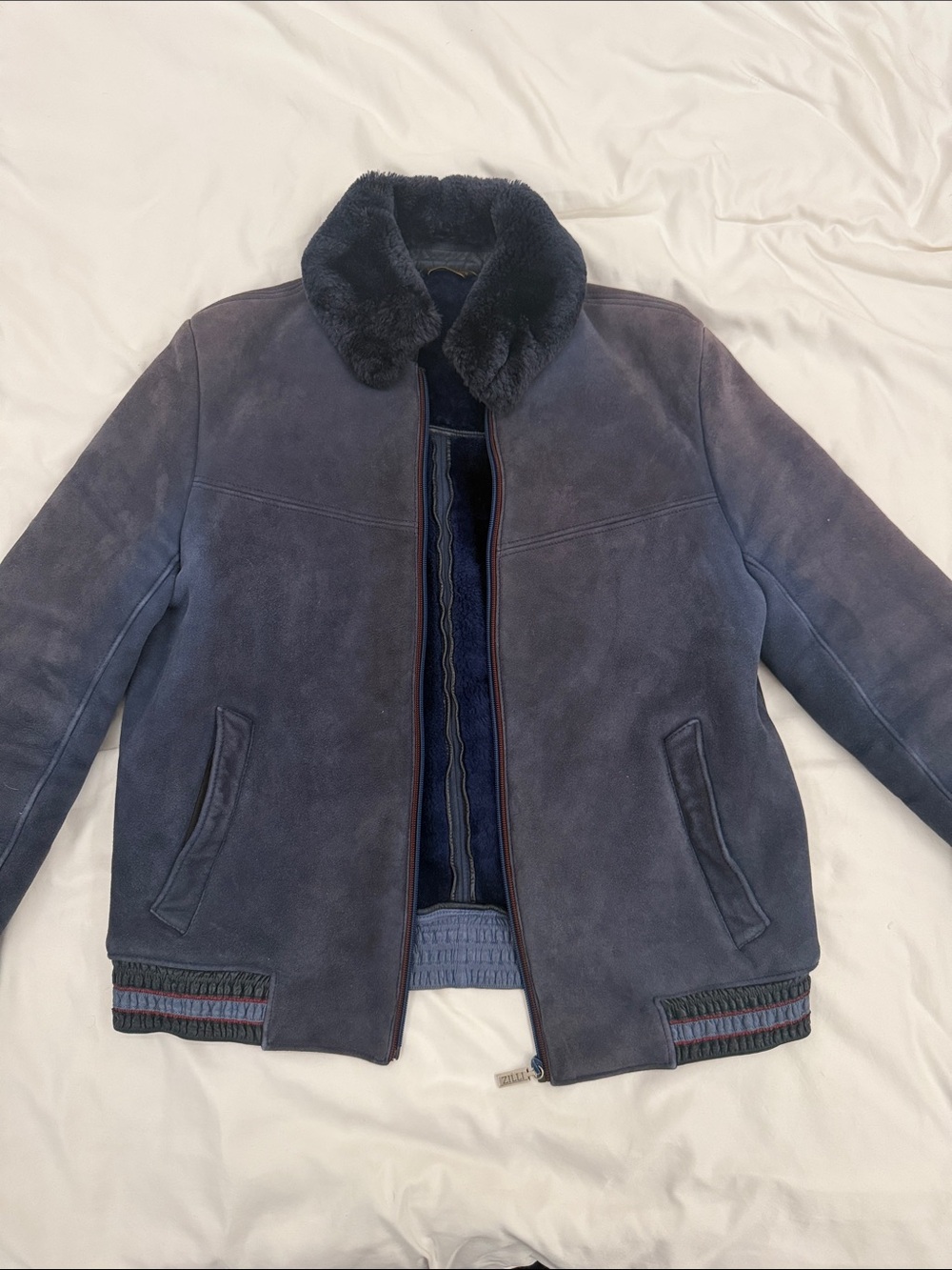 Zilli Men's Navy Suede Bomber Jacket with Shearling Collar